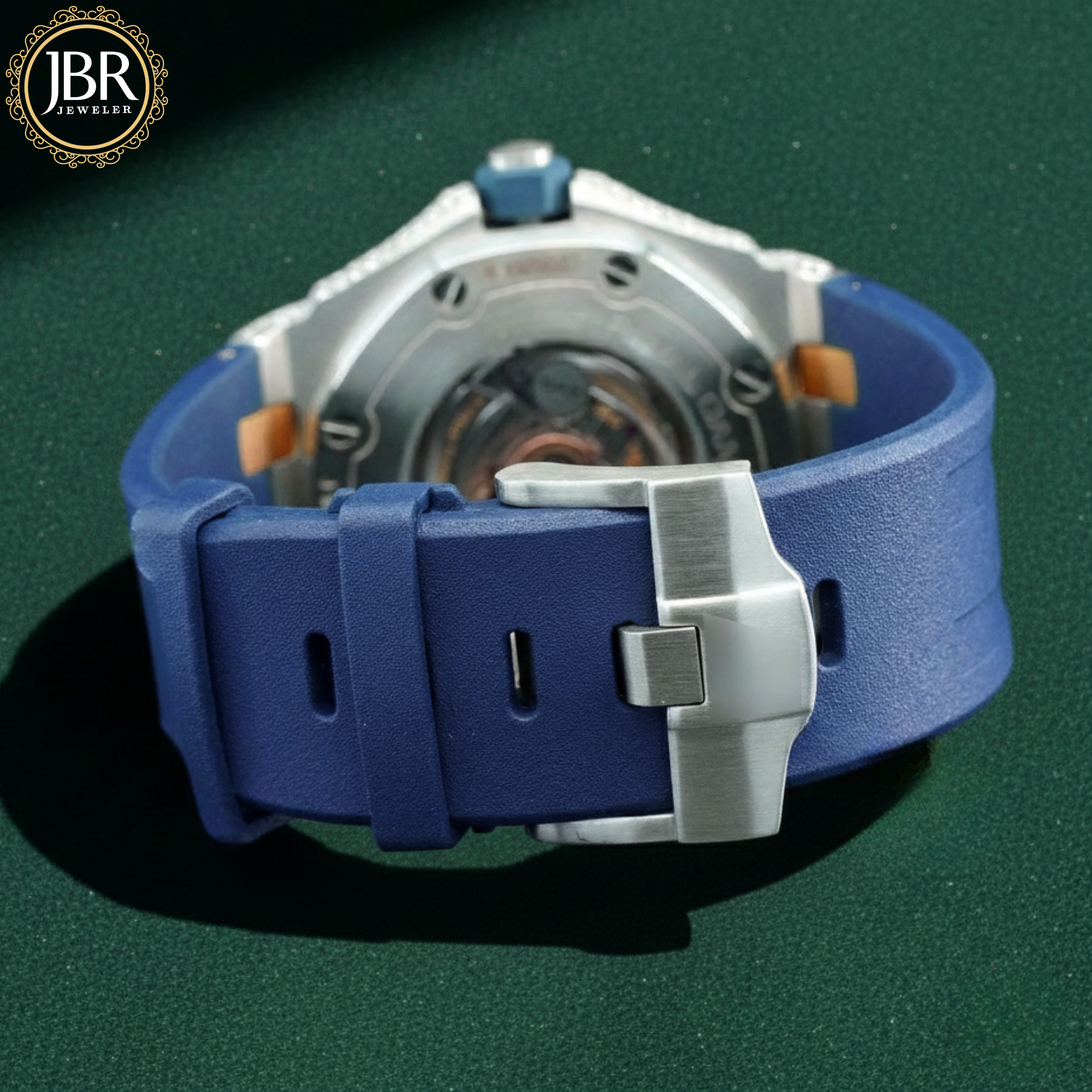 Blue dial VVS moissanite bezel diamond stainless steel watch with polished silver strap and luxury iced-out design for men.