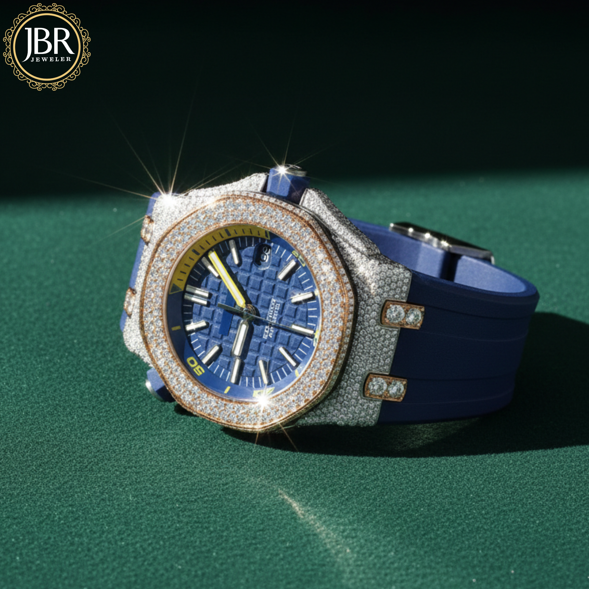 Blue dial VVS moissanite bezel diamond stainless steel watch with polished silver strap and luxury iced-out design for men.