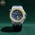 Blue dial VVS moissanite bezel diamond stainless steel watch with polished silver strap and luxury iced-out design for men.