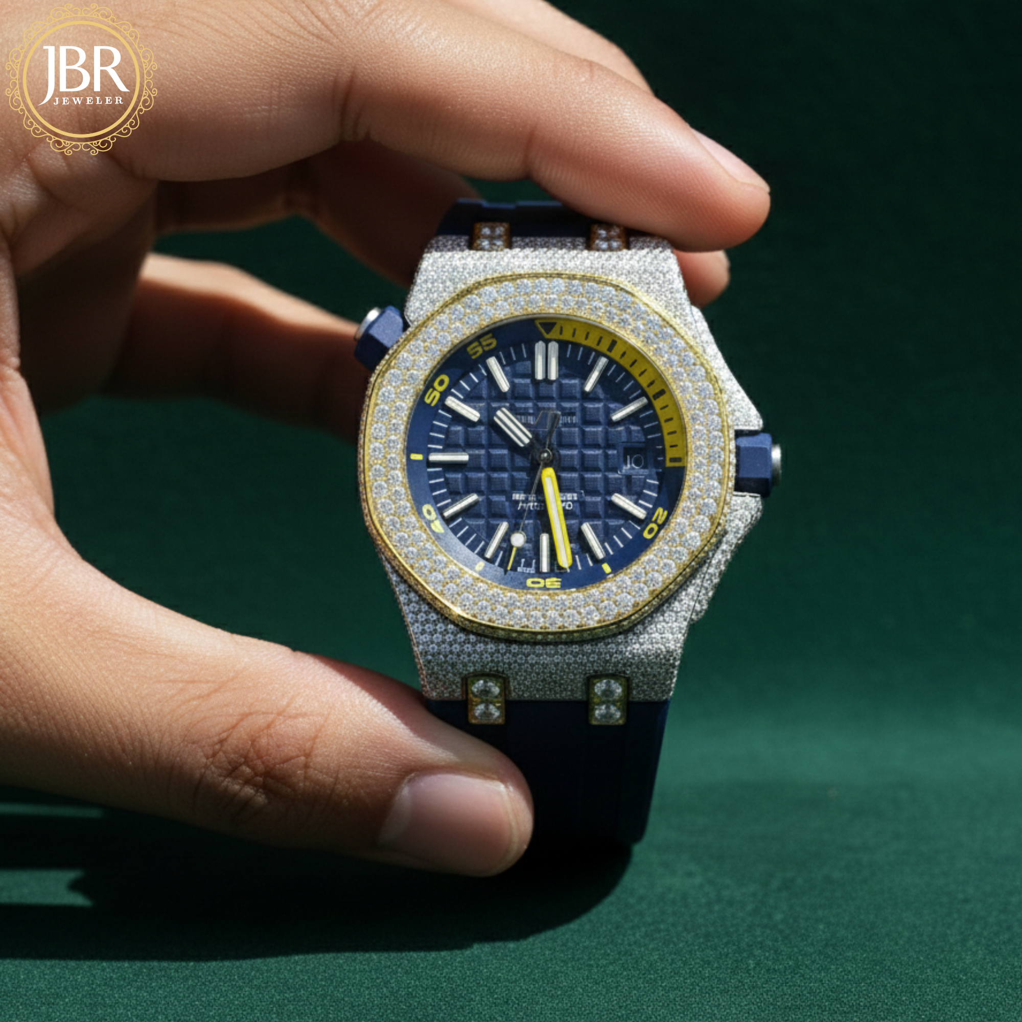Blue dial VVS moissanite bezel diamond stainless steel watch with polished silver strap and luxury iced-out design for men.