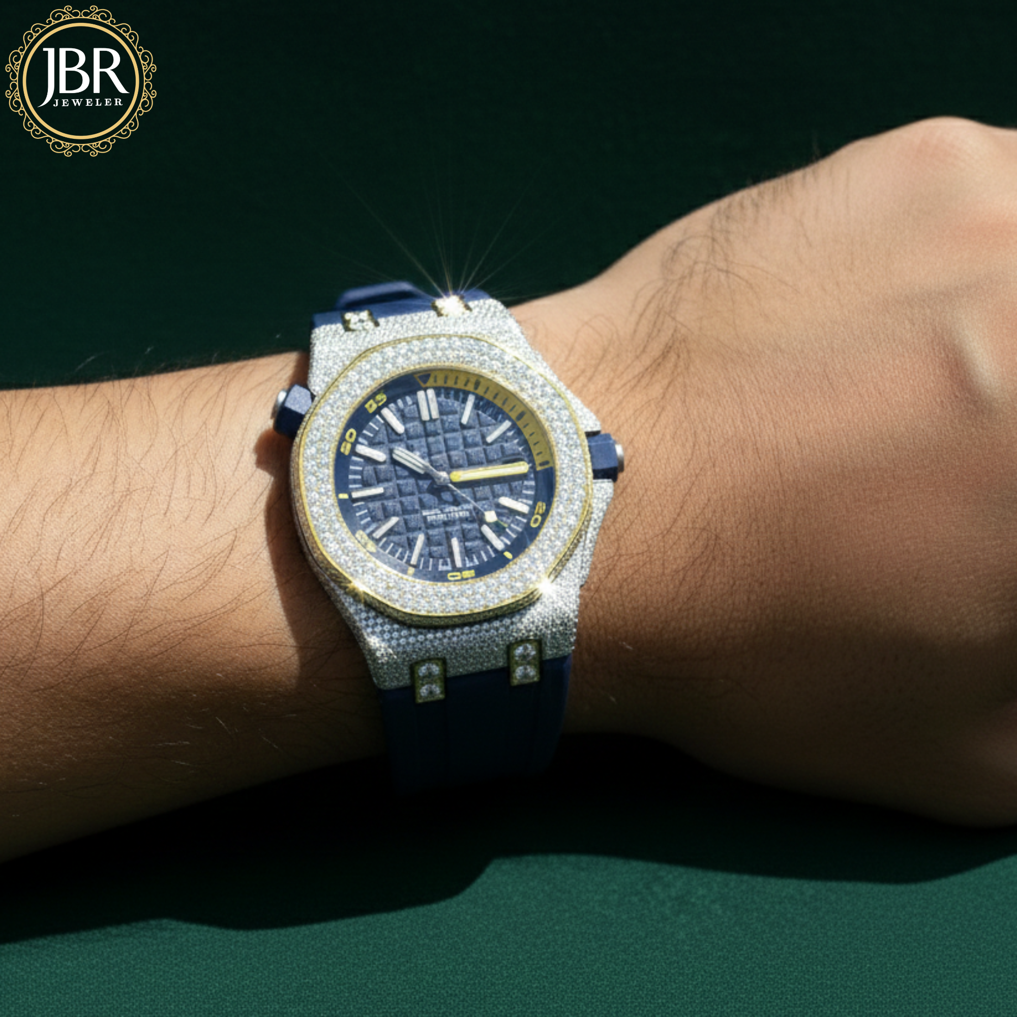 Blue dial VVS moissanite bezel diamond stainless steel watch with polished silver strap and luxury iced-out design for men.