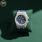Blue dial VVS moissanite bezel diamond stainless steel watch with polished silver strap and luxury iced-out design for men.