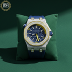 Blue dial VVS moissanite bezel diamond stainless steel watch with polished silver strap and luxury iced-out design for men.