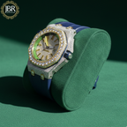 Blue silicone strap automatic moissanite iced bling diamond watch with sparkling stones, bold dial, and luxury hip hop design.