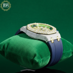 Blue silicone strap automatic moissanite iced bling diamond watch with sparkling stones, bold dial, and luxury hip hop design.