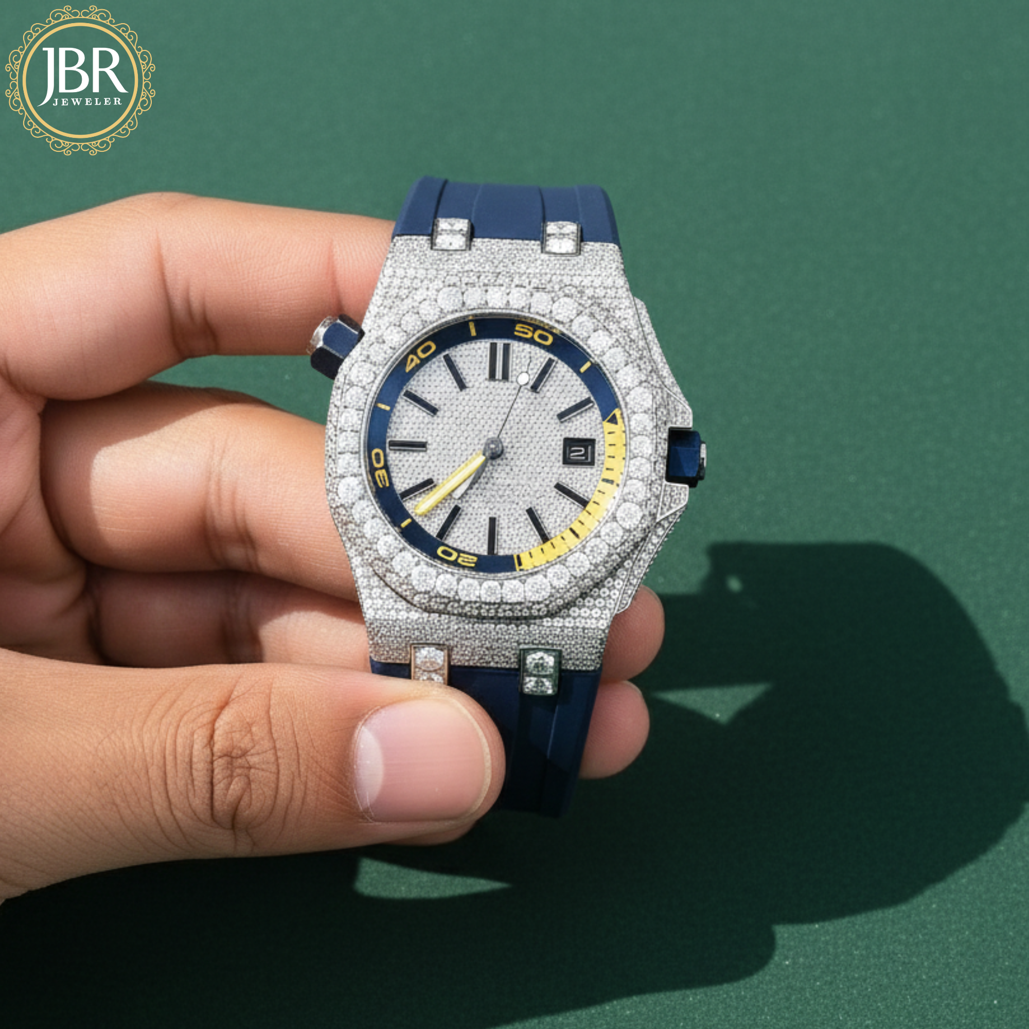 Blue silicone strap automatic moissanite iced bling diamond watch with sparkling stones, bold dial, and luxury hip hop design.