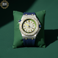 Blue silicone strap automatic moissanite iced bling diamond watch with sparkling stones, bold dial, and luxury hip hop design.