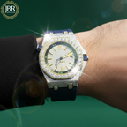 Blue silicone strap automatic moissanite iced bling diamond watch with sparkling stones, bold dial, and luxury hip hop design.