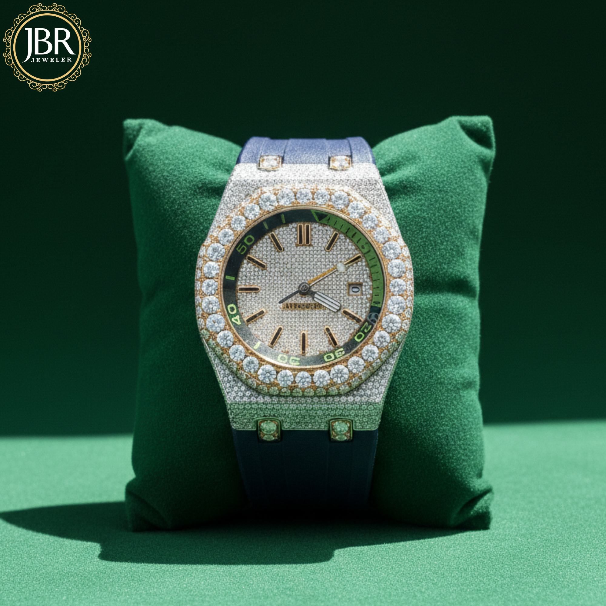 Blue Silicon Strap Automatic Moissanite Iced Bling Diamond Watch