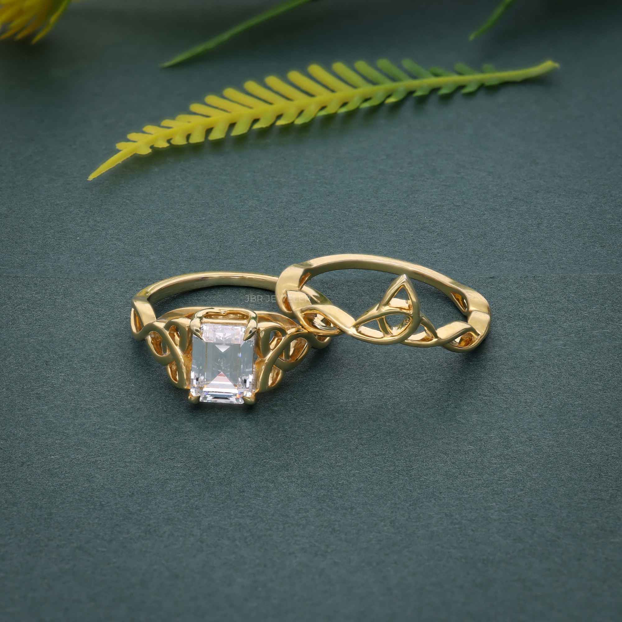 Celtic Knot Emerald Cut Certified Moissanite Diamond Bridal Set Ring - JBR Jeweler