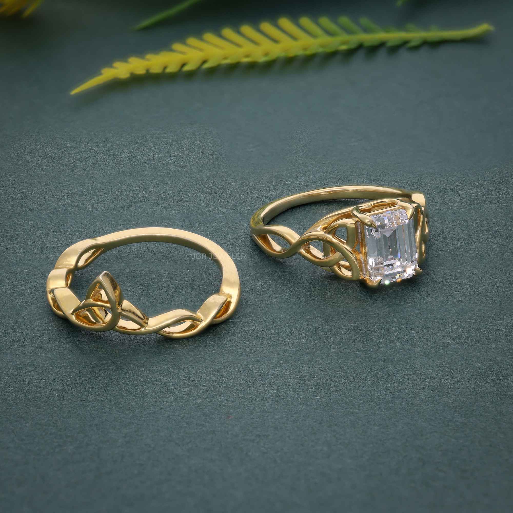 Celtic Knot Emerald Cut Certified CVD Diamond Bridal Set Ring - JBR Jeweler