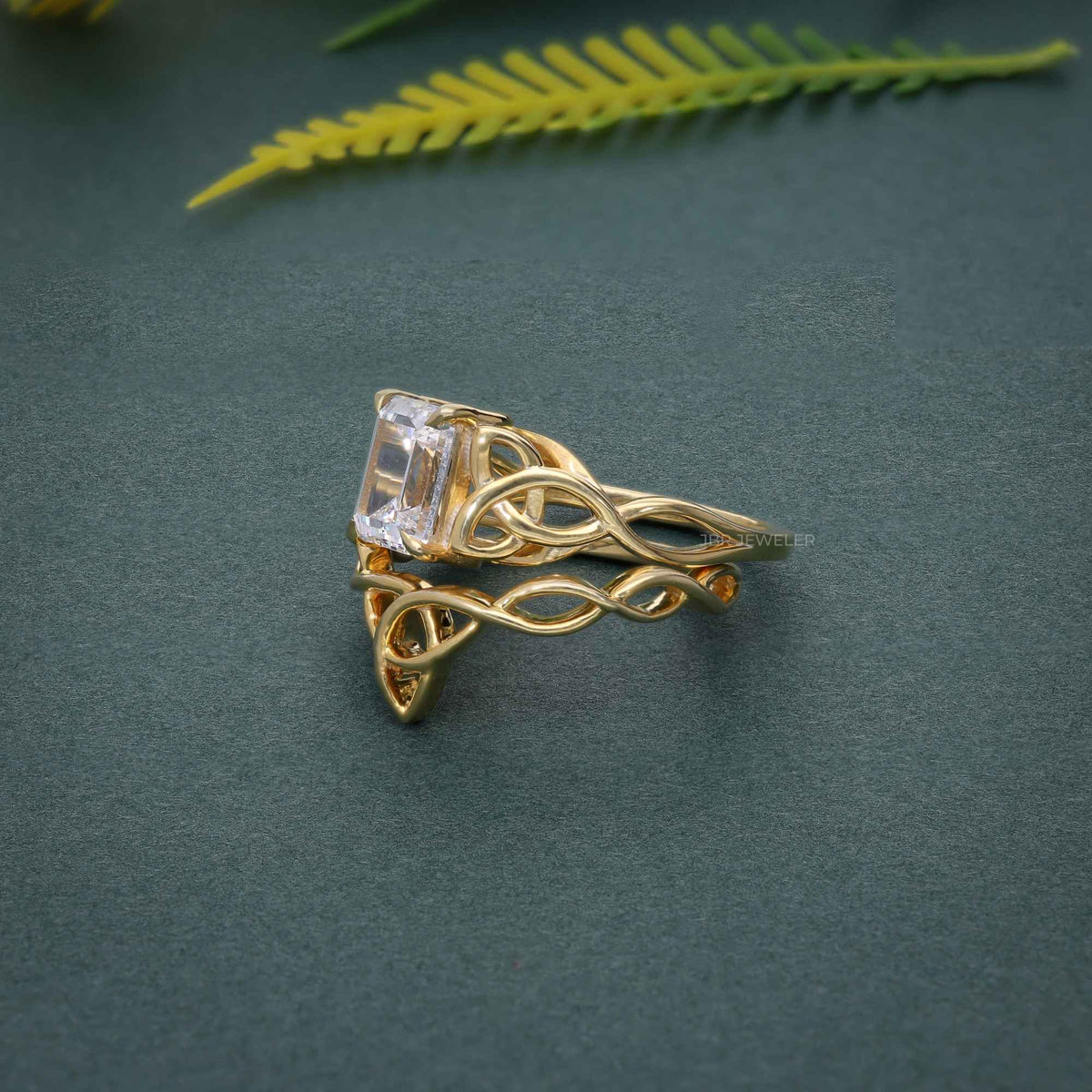 Celtic Knot Emerald Cut Certified CVD Diamond Bridal Set Ring - JBR Jeweler