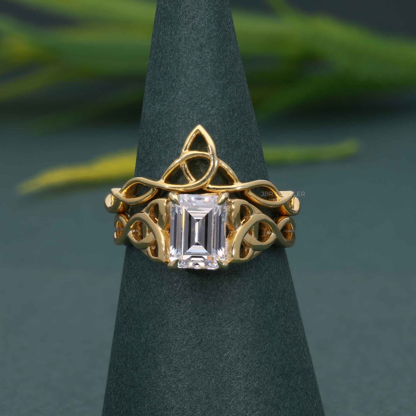 Celtic Knot Emerald Cut Certified Moissanite Diamond Bridal Set Ring