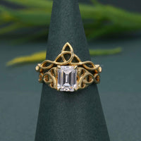 Celtic Knot Emerald Cut Certified Moissanite Diamond Bridal Set Ring