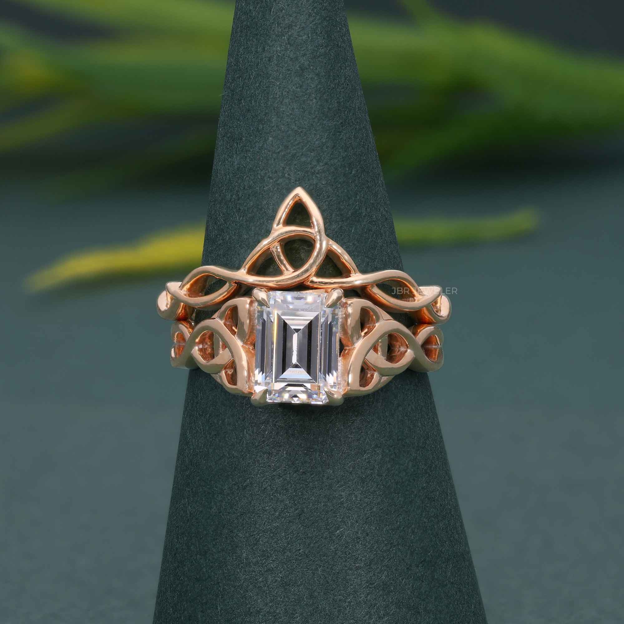 Celtic Knot Emerald Cut Certified Moissanite Diamond Bridal Set Ring - JBR Jeweler