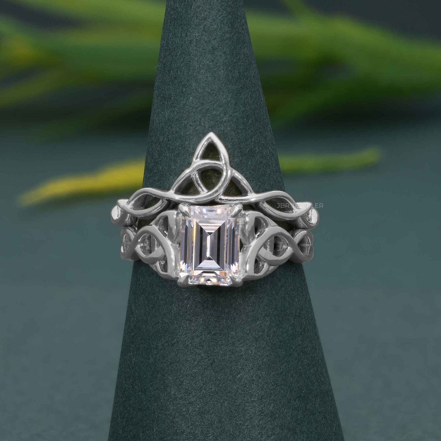 Celtic Knot Emerald Cut Certified Moissanite Diamond Bridal Set Ring