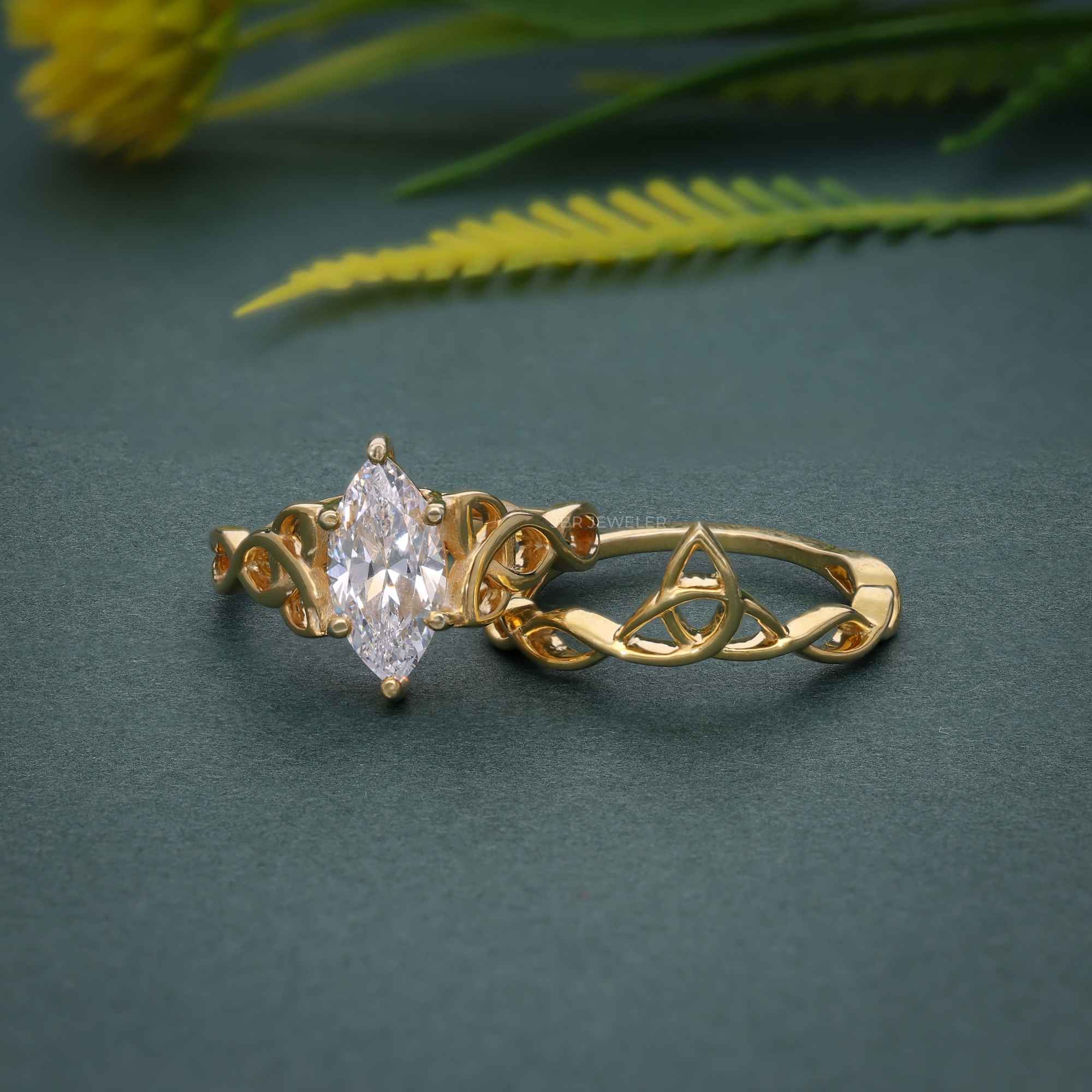 Celtic Knot Marquise Cut Lab Grown Diamond Bridal Set Ring