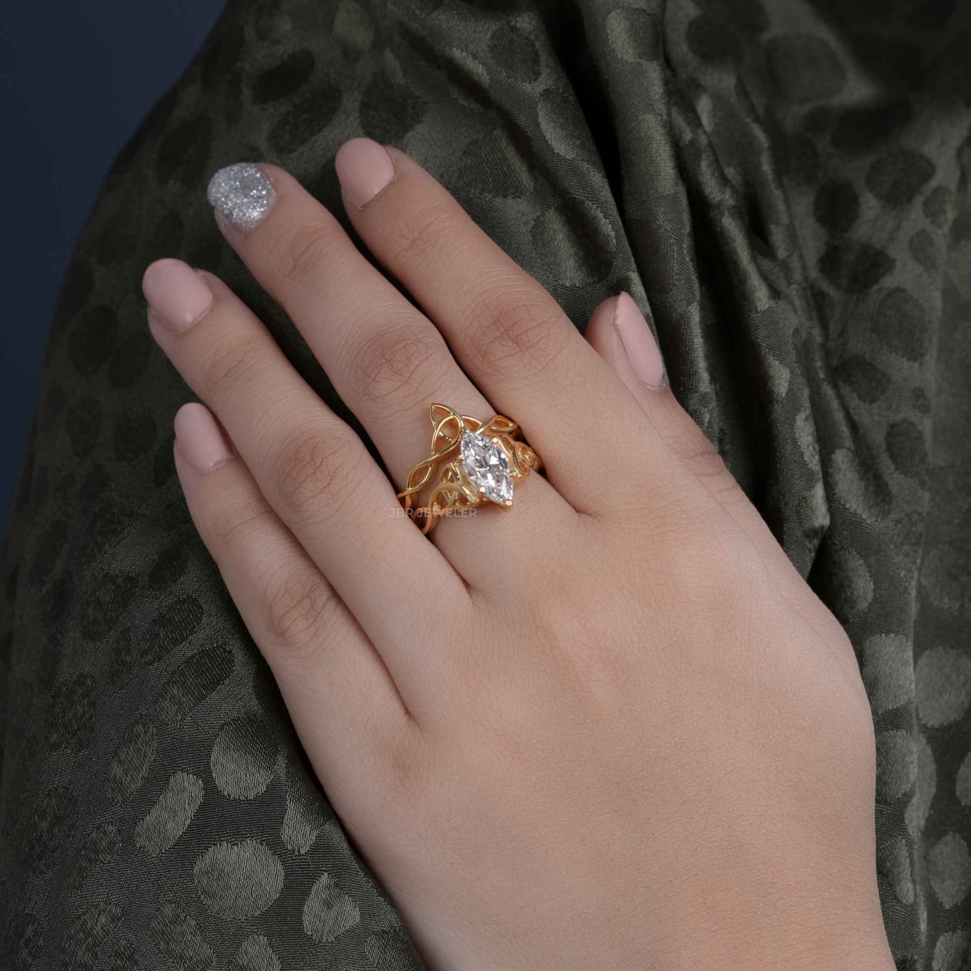 Celtic Knot Marquise Cut Moissanite Diamond Bridal Set Ring - JBR Jeweler