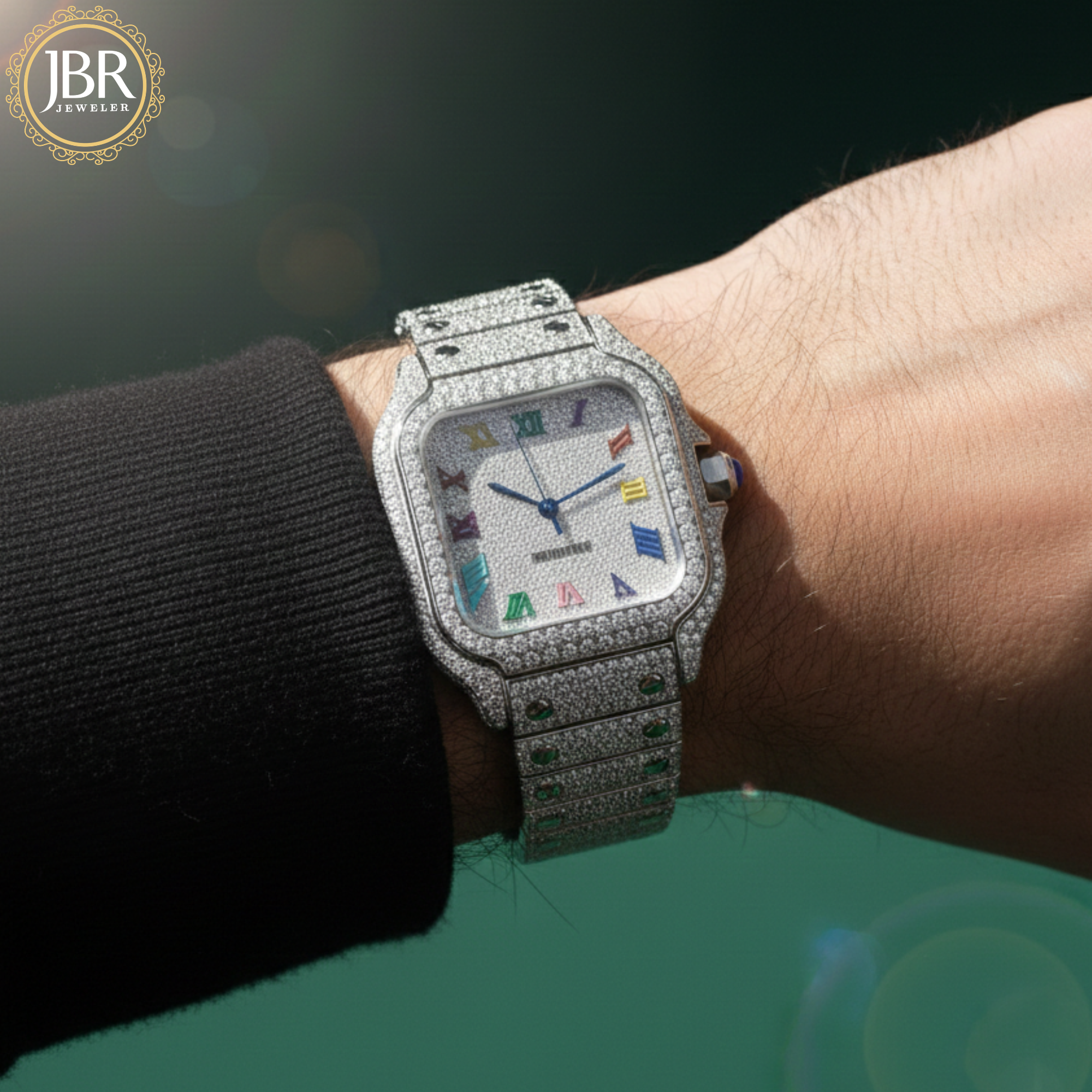 Colorful Roman Numeric Moissanite Iced Out Bust Down Watch For Mens - JBR Jeweler