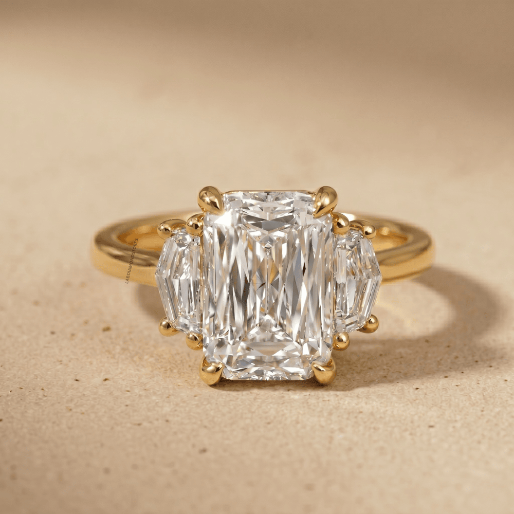 Crisscross cut lab diamond three stone ring