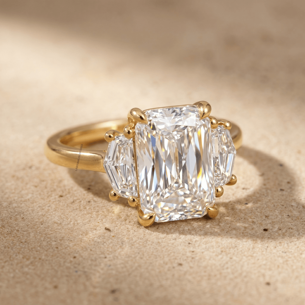 Unique lab grown diamond three stone ring