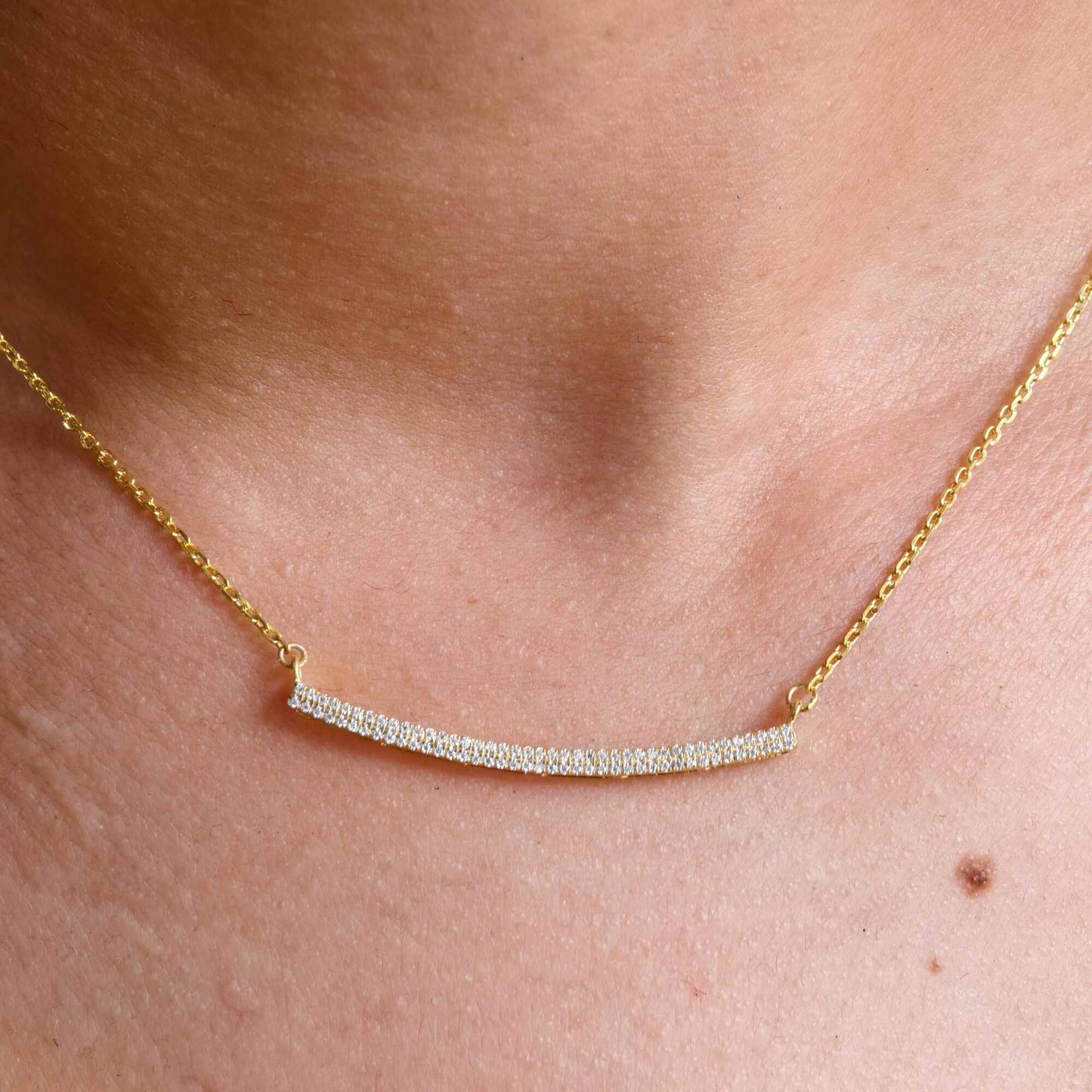 Curve Bar Diamond 14K Gold Diamond Bar Necklace, Dainty Curved Necklace For Woman