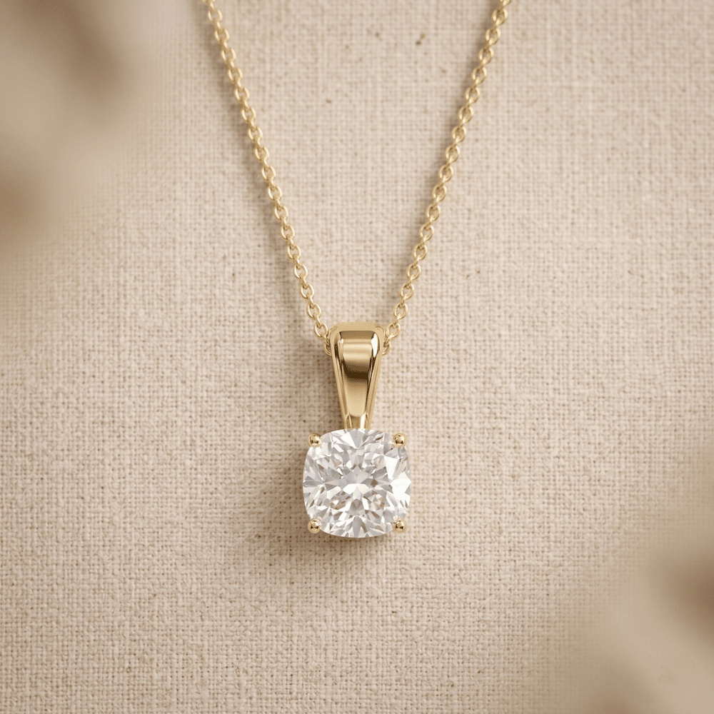 Cushion Cut Diamond Pendant in Yellow Gold Solitaire Necklace