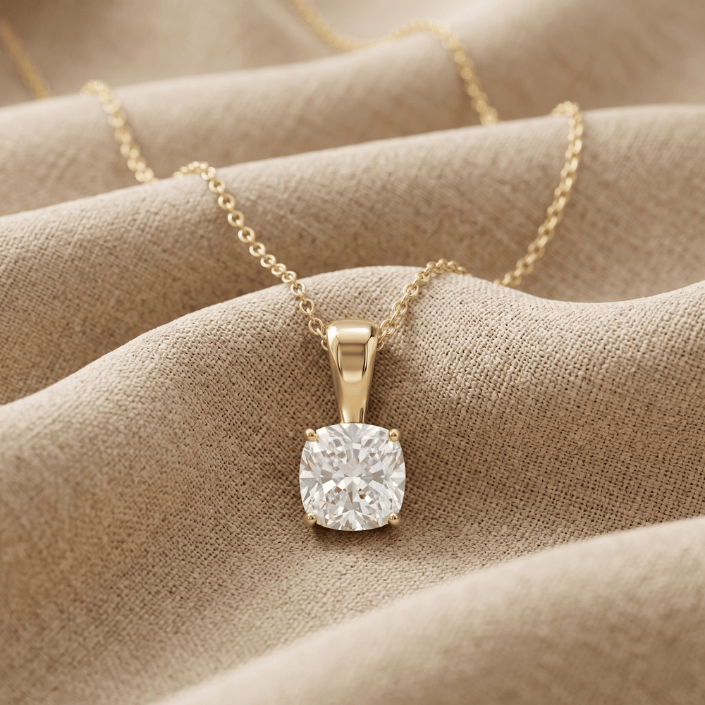 Cushion Cut Diamond Pendant in Yellow Gold Solitaire Necklace