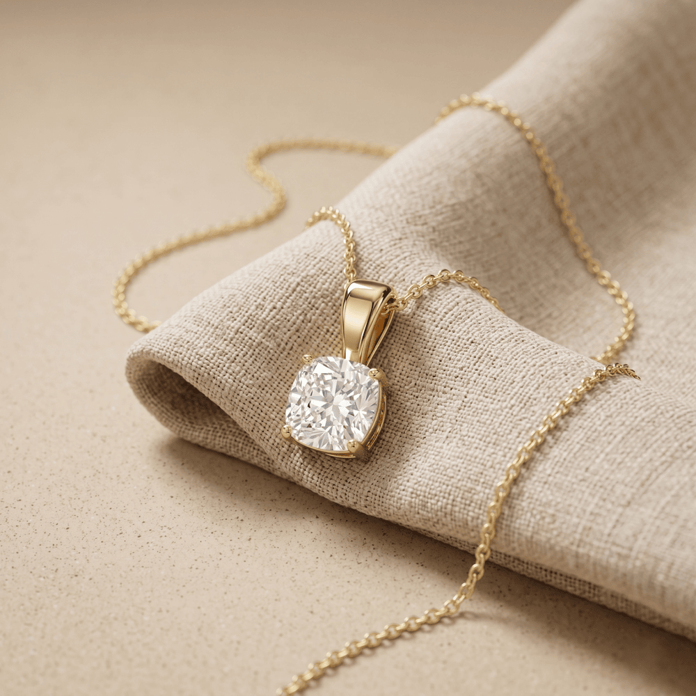 Cushion Cut Diamond Pendant in Yellow Gold Solitaire Necklace