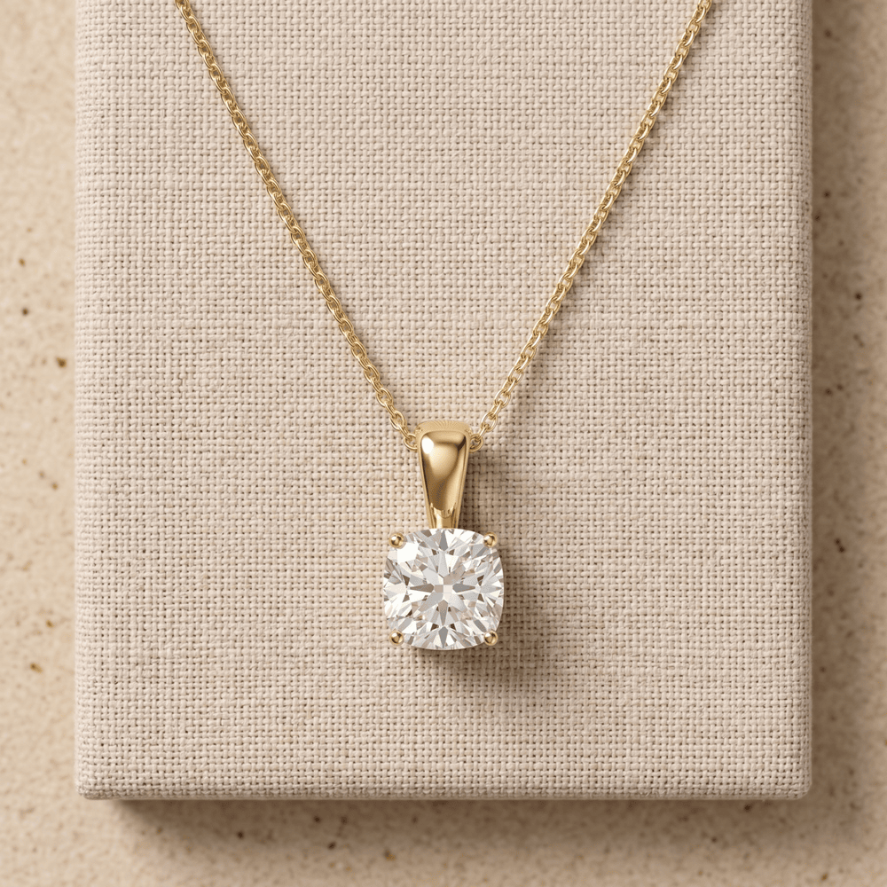 Cushion Cut Diamond Pendant in Yellow Gold Solitaire Necklace