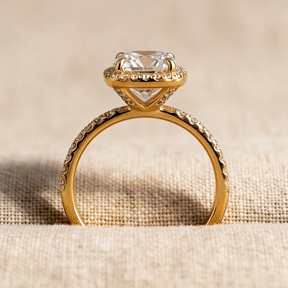 Cushion Moissanite Ring Hidden Halo Design