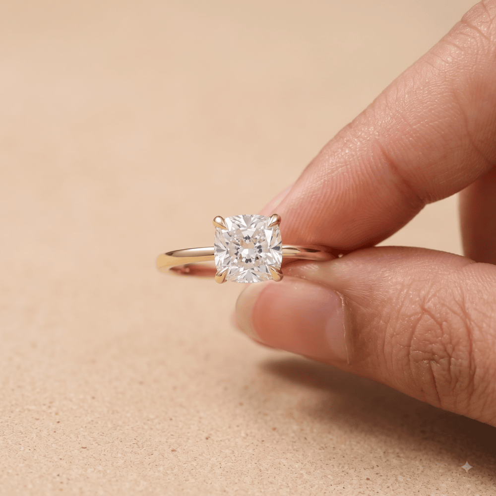 Cushion cut solitaire diamond ring on model's hand