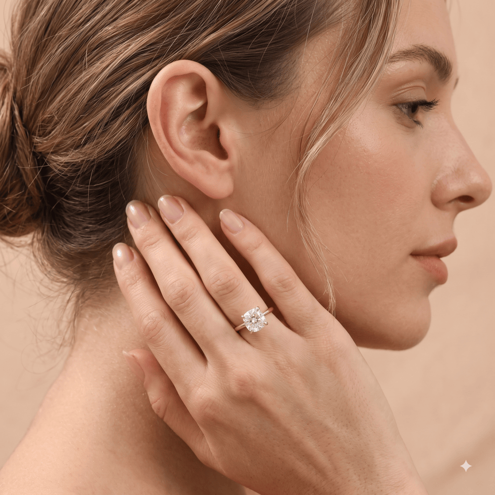 Cushion cut lab grown diamond ring lifestyle shot