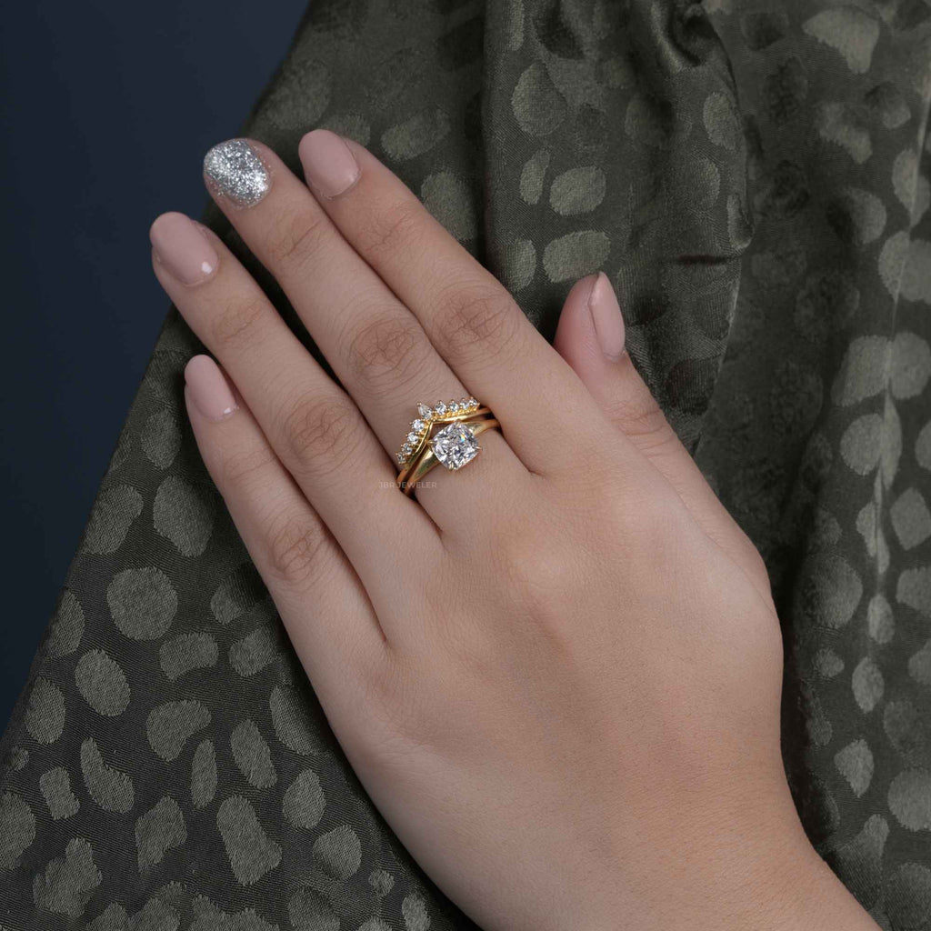 Cushion Cut Lab Grown Diamond Bridal Set With Crescent Matching Band - JBR Jeweler