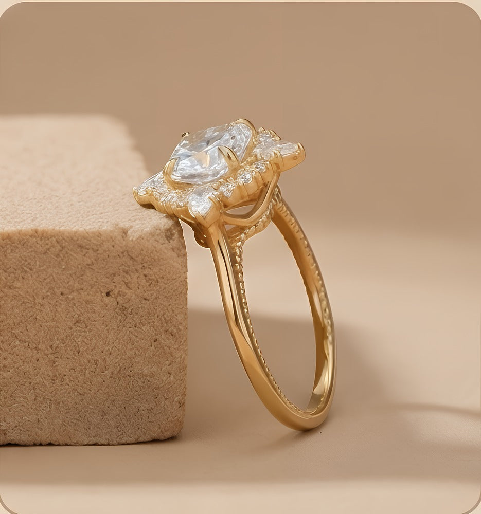 Cushion moissanite halo gold flower wedding ring