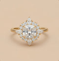 Cushion moissanite gold flower halo ring closeup