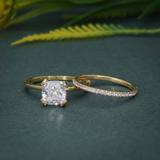 Ensembles de bagues de mariage en diamant Moissanite Solitaire taille coussin avec bande d'éternité