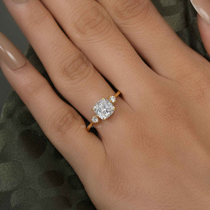 Three Stone Cushion Cut Moissanite Engagement Ring