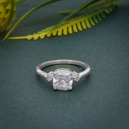 Three Stone Cushion Cut Lab Grown Diamond Engagement Ring