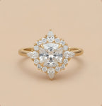 Cushion floral filigree halo diamond ring front view