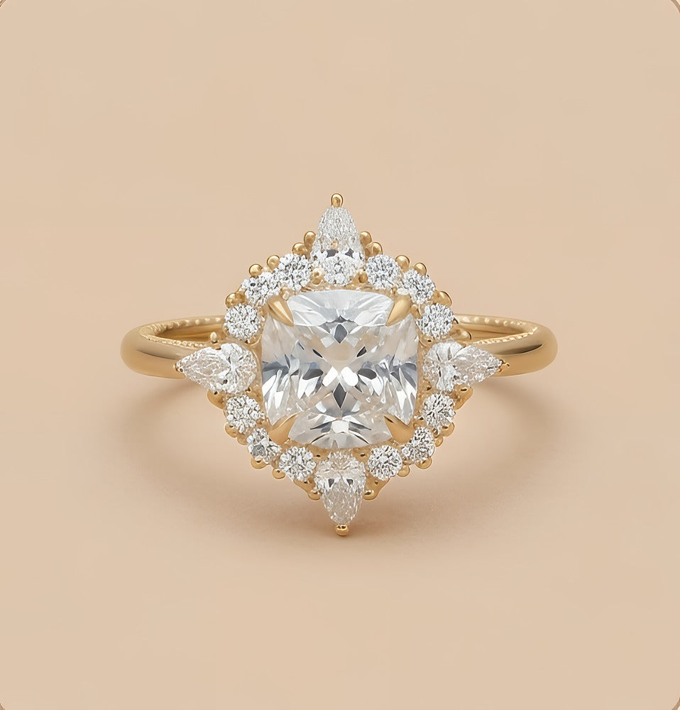Cushion floral filigree halo diamond ring front view