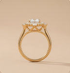 Cushion cut diamond filigree halo close up