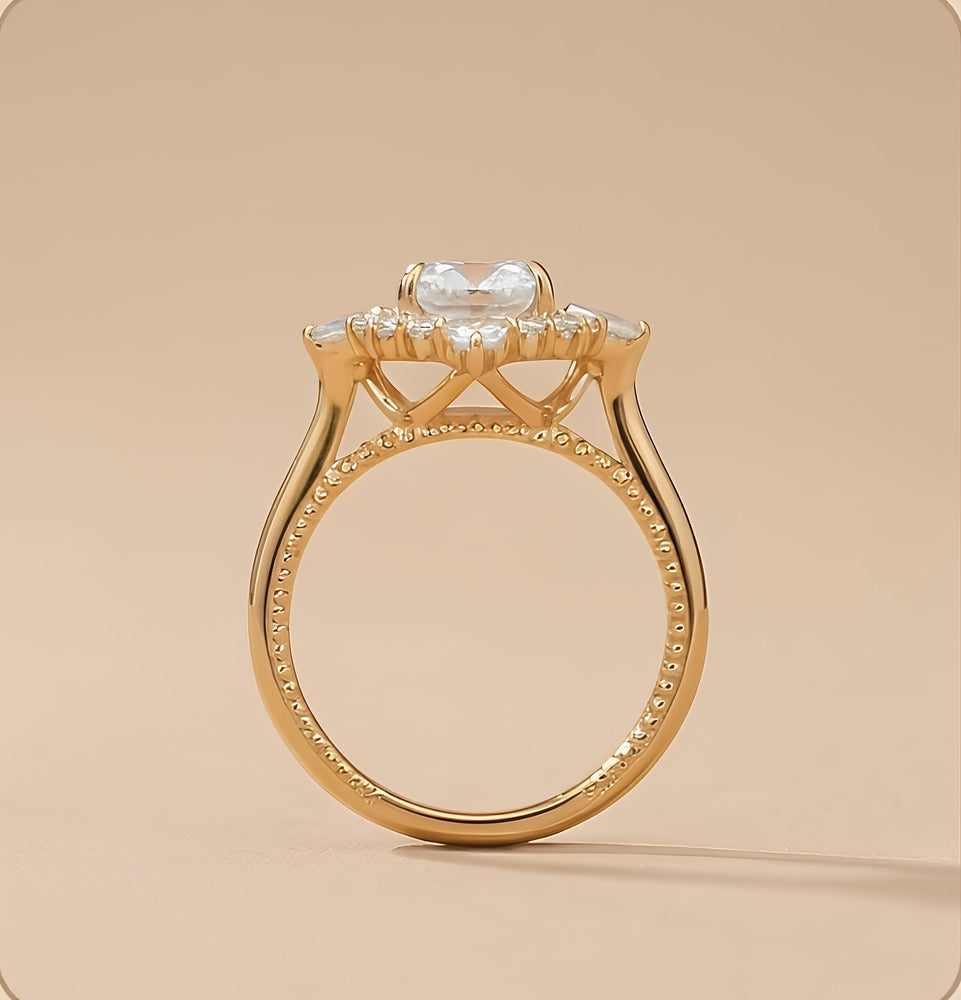 Cushion cut diamond filigree halo close up