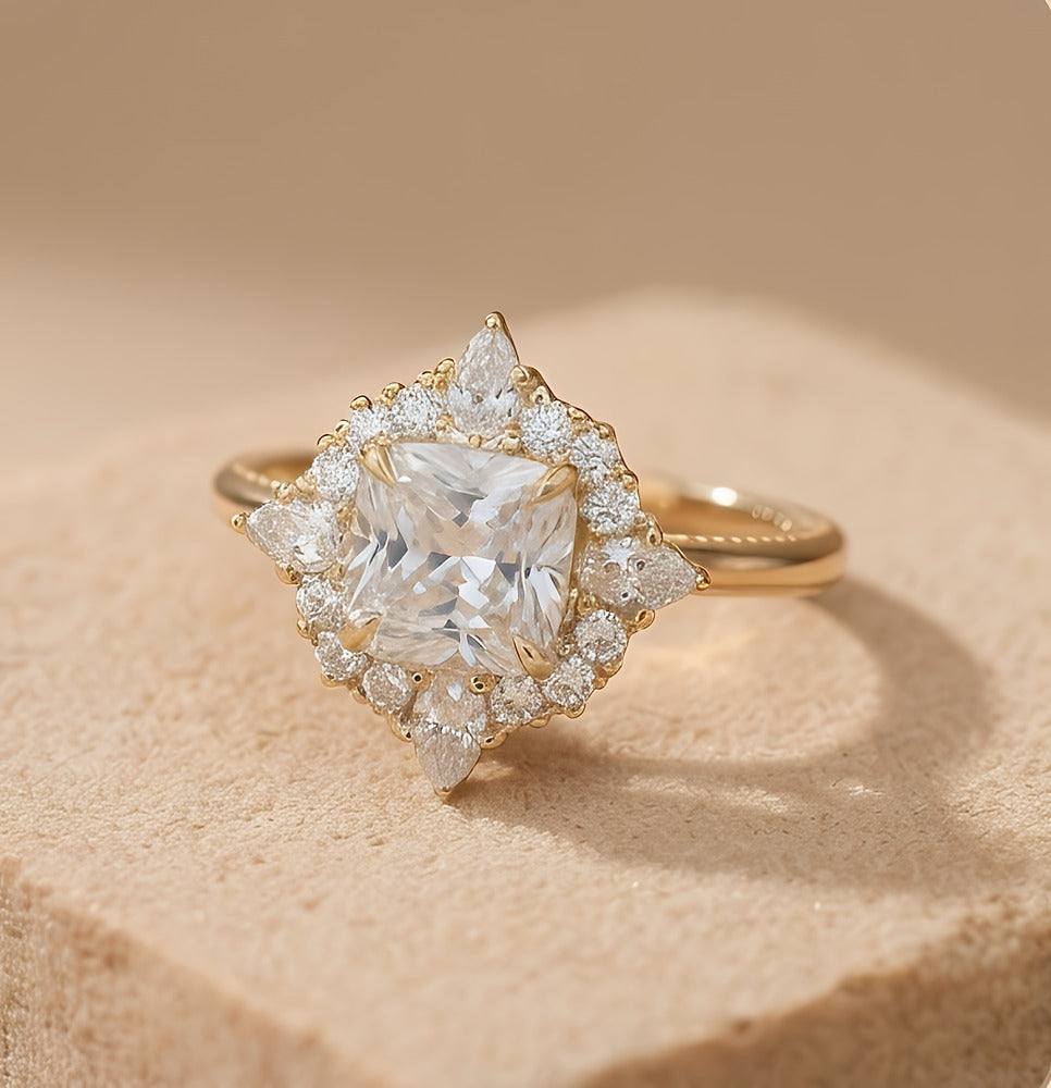 Filigree inspired cushion cut diamond ring side profile