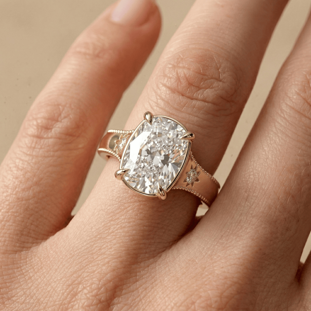 Vintage cushion cut diamond ring with milgrain edges