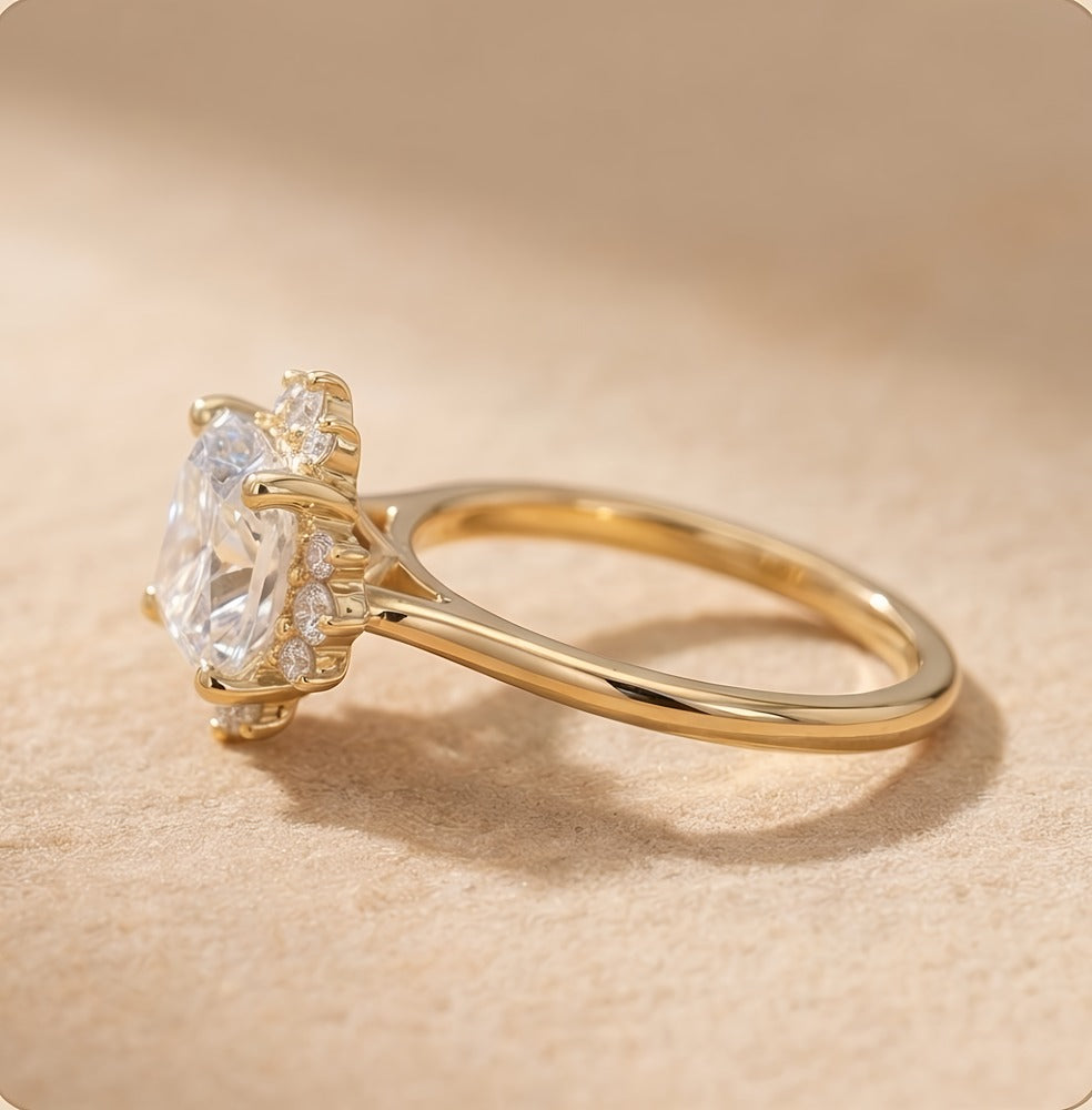 Lab grown diamond cathedral bridal ring side view
