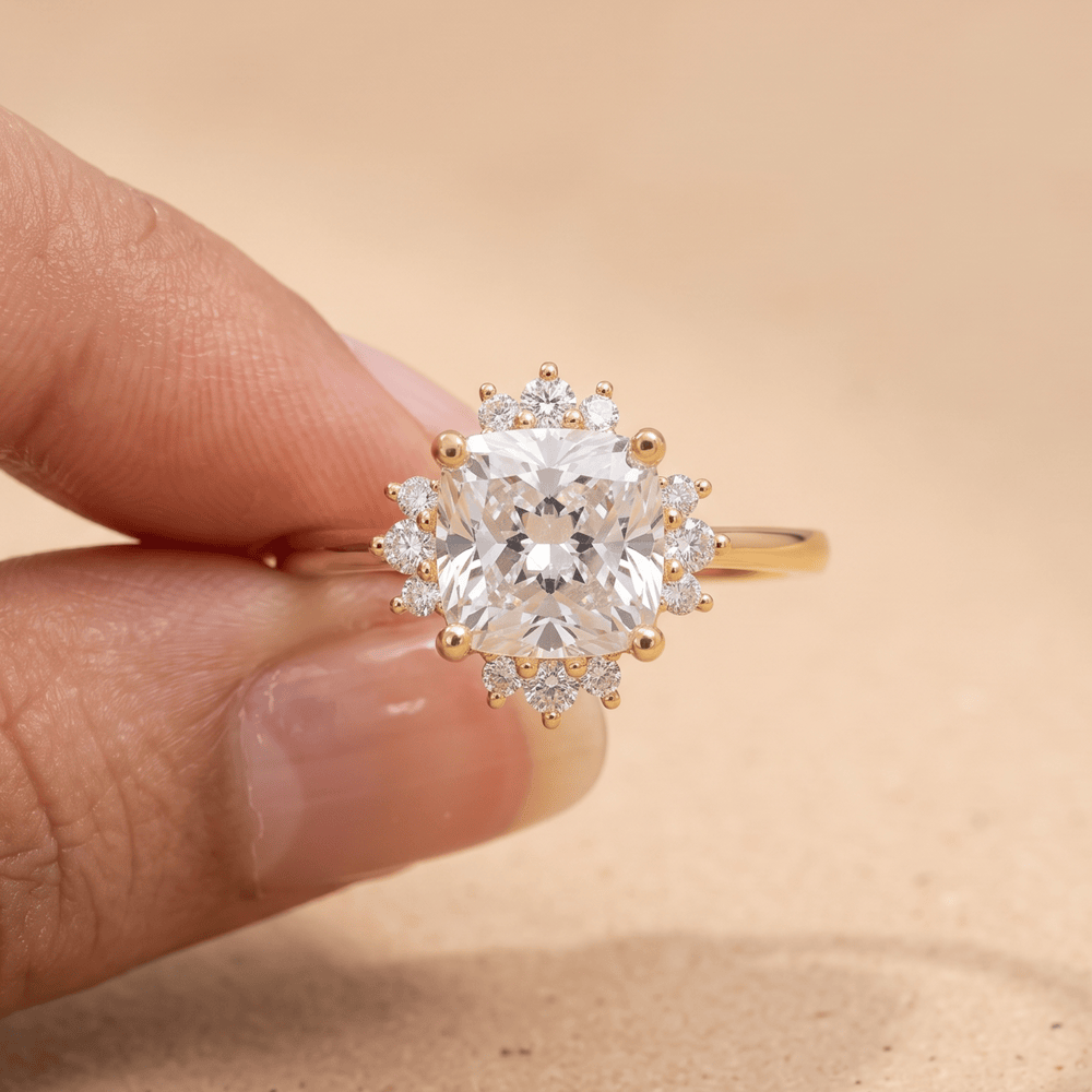 Cushion cathedral ring worn on hand lifestyle