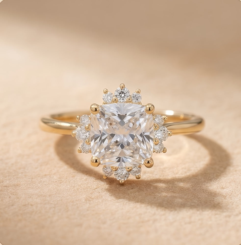 Cushion cathedral bridal ring lab grown diamond close-up