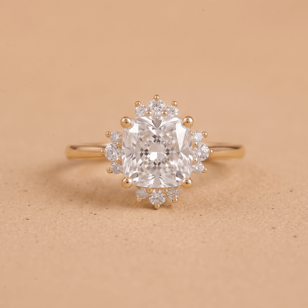Cathedral setting cushion diamond ring detail shot