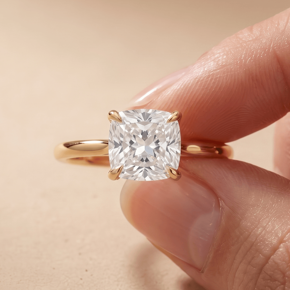 Lab grown diamond cushion cathedral ring on hand
